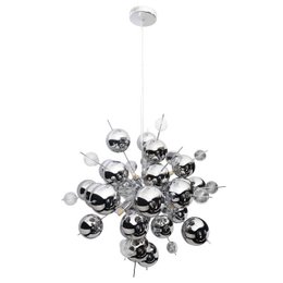 Chrome and glass pendant light fixture with spherical glass shades in a modern, abstract design.