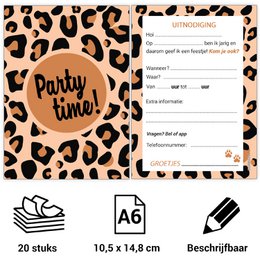 Leopard print party invitations, 20 count, 10.5 x 14.8 cm in size, suitable for children's birthday parties.