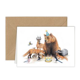 "Colorful birthday card featuring a group of forest animals including a bear, birds, and other wildlife. The text on the card reads 'Happy Bear Day'."