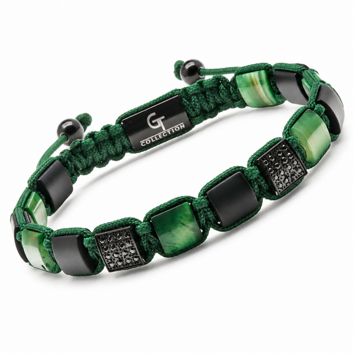 Green Tiger Eye voor heren, zwarte onyx platte kralenarmband