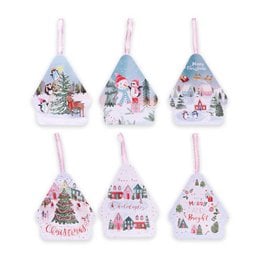 House-shaped tin storage jar, Christmas holiday design, festive winter scenes, decorative metal container with hanging loop.