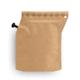 Kraft paper coffee pouch, beige material, resealable spout, minimalist design, empty refillable bag.