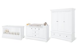 A large, white nursery furniture set including a crib, changing unit, and wardrobe. The set features a classic, clean design with simple lines and hardware.