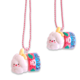 Soft, plush bunny necklace with colorful patterned design. Ideal for kids' fashion and accessory.