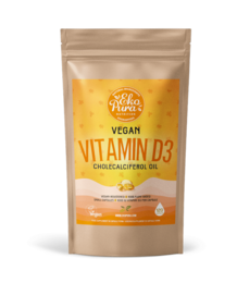 Vegan vitamin D3 supplement in a beige pouch with yellow accents. Contains 5000 IU of vitamin D3 per serving.