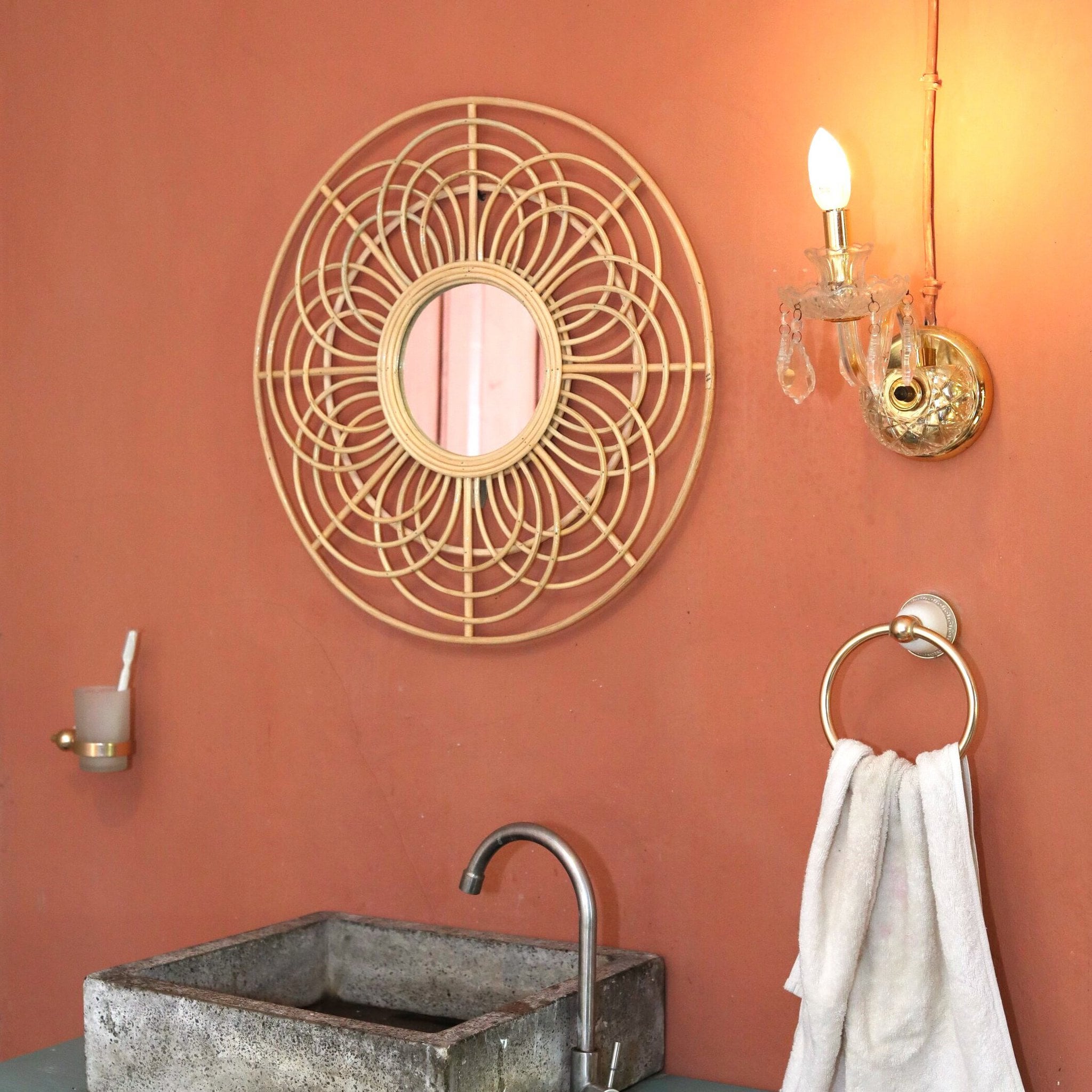 Ronde Rieten Spiegel 58 cm Natuurlijke Boho Wanddecoratie