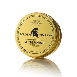 A premium beard balm in a golden container with the "Golden Spartan" logo, designed to condition and style facial hair.