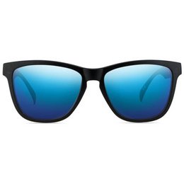 Black rectangular sunglasses with blue mirrored lenses