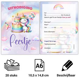  Colorful unicorn-themed invitation card for a children's party, featuring a whimsical cake, balloons, and the text "Uitnodiging Peestje" (Invitation Party).