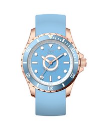 Rose gold watch with light blue silicone strap, 10 ATM water resistance, and a classic 3-hand analog dial design.