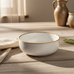  Small round white ceramic bowl with gold rim, 11cm diameter, shallow dish