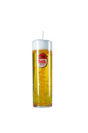 A tall, cylindrical glass filled with a golden-colored liquid, likely a Kolsch beer. The glass has a simple, minimalist design with a white label featuring the word "Kolsch" prominently displayed.