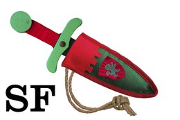  Wooden toy dagger with green and red accents, featuring a lion design on the pouch.