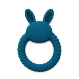  Soft silicone teething toy in the shape of a bunny with textured rings for soothing gums. Available in blush color.