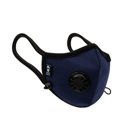 A navy blue, washable, reusable face mask with a designer style. The mask has an adjustable nose clip and ear loops for a comfortable fit. It is suitable for adults and comes in various sizes.