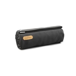  Cylindrical black fabric case with zipper closure and metal accent. Suitable for storing and transporting small items.