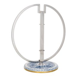 A modern, minimalist white circular hanger with a ceramic base, designed to hold a roll of paper towels or toilet paper.