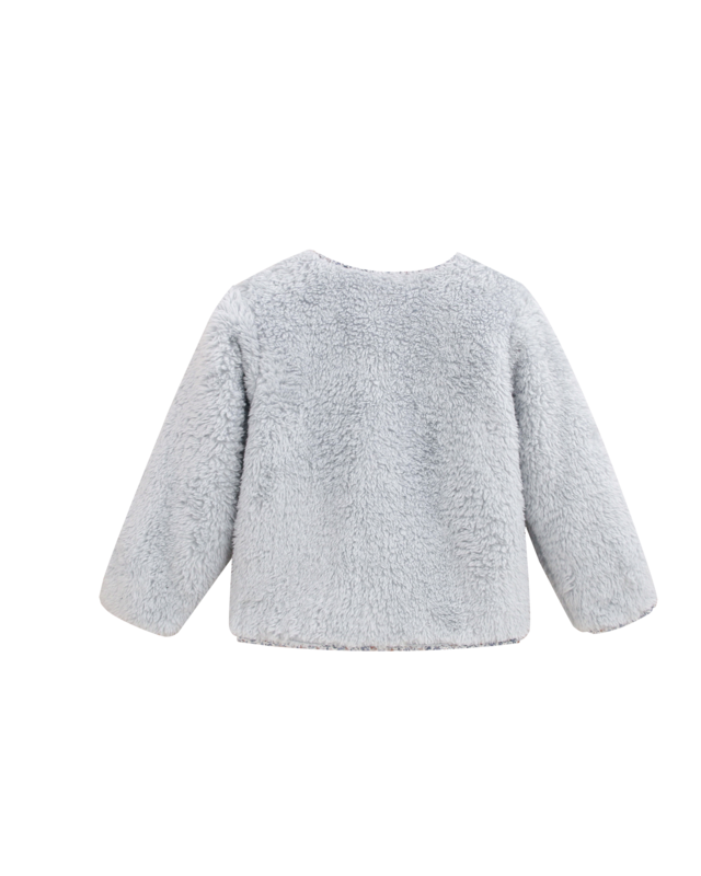 Girl's gray faux fur coat with flower pockets P129-11607211