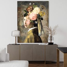 A large, ornate floral arrangement with a bouquet of white and pink flowers, including roses and peonies, adorns the head of the woman in the painting. The woman has a serene, contemplative expression and is wearing a yellow garment, likely a dress or shawl. The painting has a vintage, textured appearance, suggesting it is an old master work.