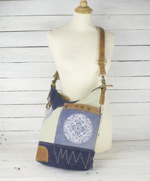 Sunsa Damen Nachhaltige Umhängetasche. Schultertasche aus recycelte Jeans & Canvas ( Segeltuch). Handtasche Vintage retro Stil. Crossbody Tasche für Frauen mit Mandala Aufdruck