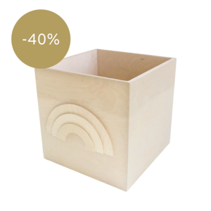 Aufbewahrungsbehälter aus Holz auf Rädern mit Regenbogen