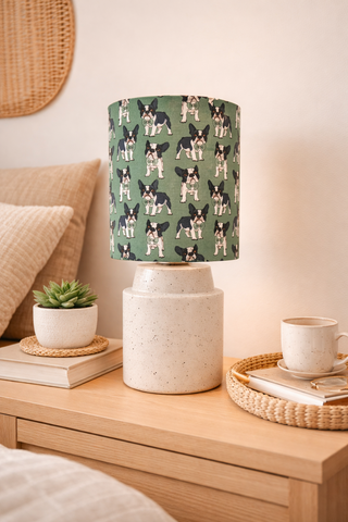 Round, boho chic white - pyritewhite ceramic table lamp with figured, patterned French Bulldog drum fabric shade