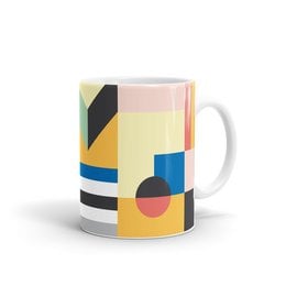 Colorful abstract geometric mug with a modern, minimalist design featuring various shapes and patterns in shades of yellow, blue, and pink.