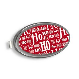 A round, red magnetic phone and key holder with the text "Ho! Ho! Ho!" printed all over it. The holder is designed for purses, cars, and homes.
