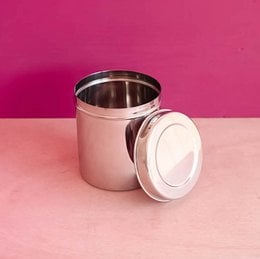 Stainless steel storage jar with white lid, suitable for storing dry goods like grains, cereals, or spices. Cylindrical shape with a sleek, modern design.