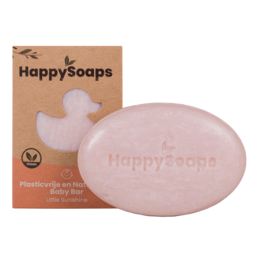 Baby & Kids Shampoo and Body Wash Bar - Little Sunshine. Oval-shaped bar soap with "Happy Soaps" text. Suitable for baby and child use.