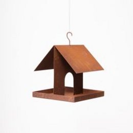 Wooden square bird feeder that can be hung or stood, suitable for outdoor use.