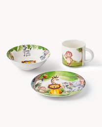  3-piece children's tableware set with jungle, farm, ocean, princess, and forest designs. Includes a round bowl and mug featuring colorful animal illustrations and patterns.