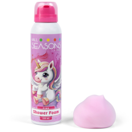 Shower foam with a unicorn design, suitable for kids. Vibrant pink color, foaming formula.