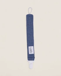 Navy blue ribbed pacifier clip with white ends, marine color, vertical striped textile design, baby accessory.