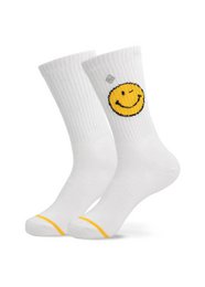 White socks with a yellow smiley face graphic. The socks appear to be made of a soft, breathable material and have a ribbed texture. They are suitable for everyday wear and can be worn with a variety of casual outfits.