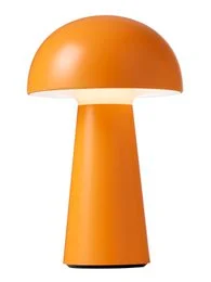 Tall, round, orange table lamp with a dome-shaped shade.