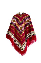 A vibrant, fringed poncho in shades of red, orange, and white with a bold, geometric pattern. The poncho appears to be made of a warm, woolen material and would be suitable for cool weather.