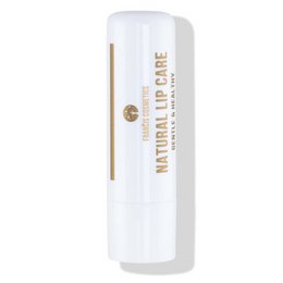 Natural lip care balm in a white tube with gold text. Moisturizing formula to nourish and protect lips.