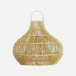 Rattan pendant light with a lobster-inspired design, featuring a woven basket-like structure in a natural beige color.