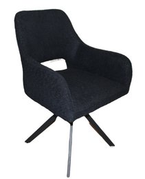 Black chenille dining chair with 360-degree swivel base.
