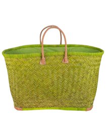 A large, woven shopping bag with a green, grass-like texture and two leather handles.
