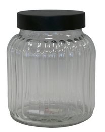  Clear glass jar with black lid, suitable for storage or display.