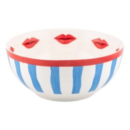 A round, white ceramic bowl with a striped pattern in blue and red, and red lip-shaped designs on the surface. This decorative bowl is suitable for serving soups, salads, or other dishes.