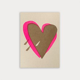  A postcard with a heart design in pink and brown colors, created using risography printing technique. The heart shape is the main focus of the image, with a simple and minimalist design.
