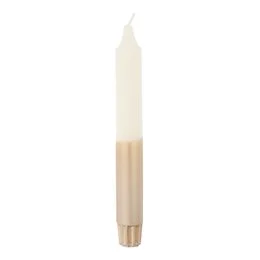 Tall, cylindrical dinner candle in a dip-dyed white and champagne color. Suitable for formal dining or home decor.