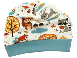 Cozy forest-themed baby hat in smoky blue with various forest animals including squirrels, foxes, and birds.