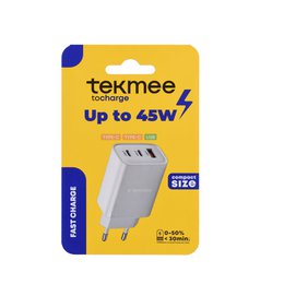  White compact fast charger, 45W power, three ports USB Type-C, rectangular design, yellow packaging.