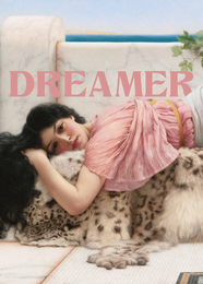 "Dreamer postcard featuring a woman in a pink dress embracing a dog. Vintage-style postcard with text 'Dreamer'."