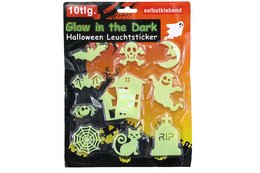  Glow-in-the-dark Halloween figures, 10 self-adhesive pieces. Includes spooky shapes like bats, spiders, and pumpkins.