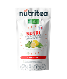 Organic energizing anti-fatigue tea with natural ingredients like green tea, lemon, and ginger to provide a boost of energy and support overall well-being.